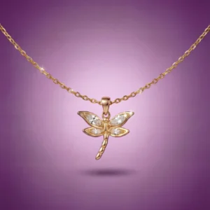 Gold dragonfly pendant necklace with sparkling stones on lilac background – Amethyst Jewelry bestseller